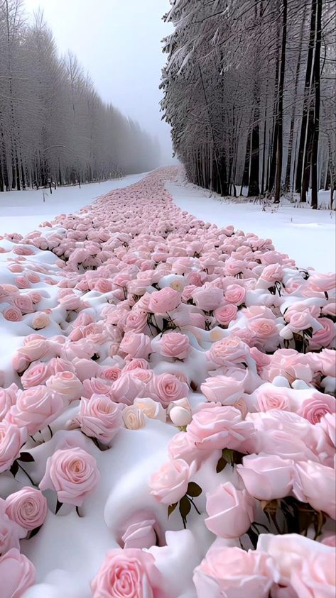 Pink Roses In Snow, Roses In Snow Wallpaper, Soft Pink Theme Aesthetic, Pink Winter Aesthetic Wallpaper, Pink Landscape Aesthetic, Pink Snow Aesthetic, Pink Aesthetic Widget Pictures, Pink Christmas Widget, Pink Christmas Tree Aesthetic