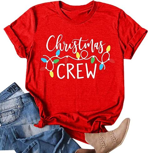 Cotton Blend tee comes in red, green, & dark gray colors available (affiliate Product) Christmas Crew Shirts, Christmas Tee Shirts, Letter Print Tee, Xmas Shirts, Tee Shirt Designs, Print Graphic, Crew Shirt, Shirts For Women, Holiday Shirts