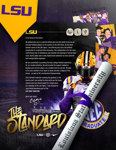 Schedule Graphic, Recruiting Ideas, College Sports Graphics, Sports Schedule, Newspaper Collage, Best Football Players, Sport Poster Design, Louisiana State University, Sports Graphics