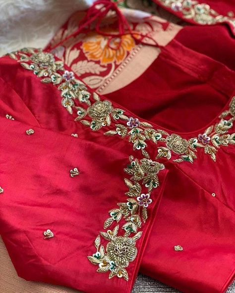 Elevate your traditional wardrobe with our stunning Red Zardosi Maggam Work Blouse. Featuring intricate zardosi embroidery, this blouse is a masterpiece of fine craftsmanship, combining bold red hues with luxurious detailing. The rich maggam work, adorned with metallic threads and beads, creates a regal look, perfect for weddings, festive occasions, or any grand celebration. Tailored from premium fabric, this blouse can be customized in both size and color, offering a personalized fit for ev... Simple Zardosi Work Designs, Simple Maggam Work Blouse, Simple Maggam Work, Zardosi Work Blouse, Traditional Wardrobe, Long Blouse Designs, Blouse Works, Zardosi Embroidery, Maggam Work Blouse