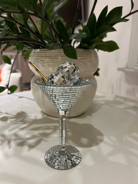 Martini Glass With Disco Balls, Disco Ball Glasses, Martini Glass Decoration, Big Martini Glass Decor, Gold Disco Ball Decor, Disco Ball Martini, Unique Disco Ball, Half Disco Ball On Wall, Disco Ball Bowl