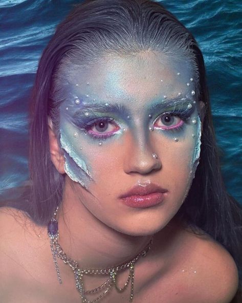 Sea Maid Mermaid Makeup Looks Siren Makeup With Gills, Spooky Mermaid Makeup, Water Spirit Costume, Mermaid Prosthetic Makeup, Shark Makeup Look, Flounder Makeup The Little Mermaid, Siren Fx Makeup, Mermaid Props Diy, Mermaid Scale Makeup