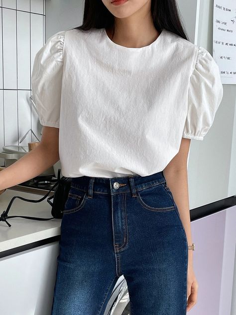 Round Neck Blouse, Formal Tops, Simple Blouse, Simple Shirts, Women Blouses, Puff Sleeve Blouse, Denim Skirt, Puff Sleeve, Blouses For Women