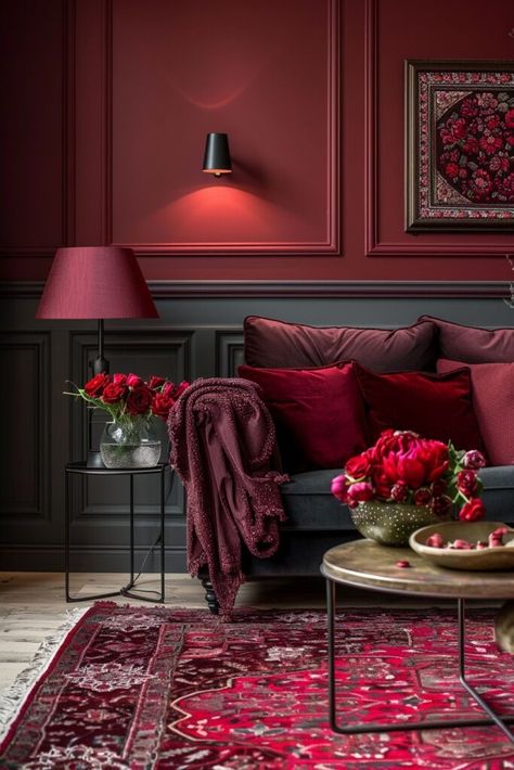 Opulent Dark Grey and Maroon Grey Wall Interior Design, Dark Red Home Decor, Grey Walls Interior, Maroon Walls Living Room, Color Combinations Interior Design, Maroon Living Room Ideas, Dark Luxury House, Maroon Room, Maroon Living Room