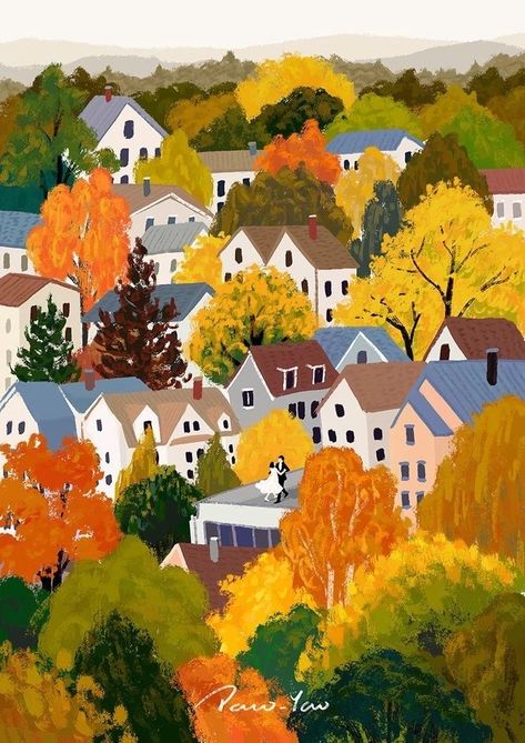 Illustration Autumn, Castle Painting, Pastel Poster, Autumn Illustration, Tree Illustration, Whimsical Illustration, Landscape Illustration, Dreamy Art, Autumn Art