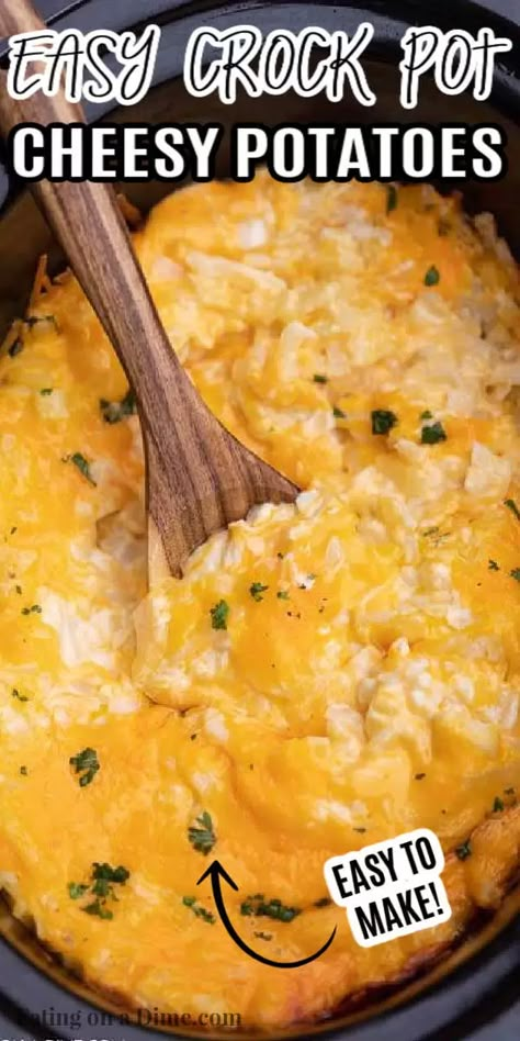 These crockpot cheesy potatoes are easy to make with only 6 ingredients. This crock pot cheesy potato recipe is a crowd pleaser and perfect for any party or get together. Make these Cheesy Hashbrown Potatoes crockpot recipe for your next holiday dinner. Everyone loves slow cooker cheesy potatoes. Slow Cooker Funeral Potatoes are simple and delicious too! #eatingonadime #sidedishrecipes #crockpotrecipes #slowcookerrecipes #cheesypotatoes Shredded Hashbrown Recipes Crockpot, Crock Pot Holiday Appetizers, Picnic Crockpot Recipes, Crockpot Shredded Potatoes, Crock Pot Picnic Food, Picnic Potatoes Side Dishes, Shredded Cheesy Potato Casserole, Diced Cheesy Potatoes, Cheesey Potatoes Crockpot Slow Cooker