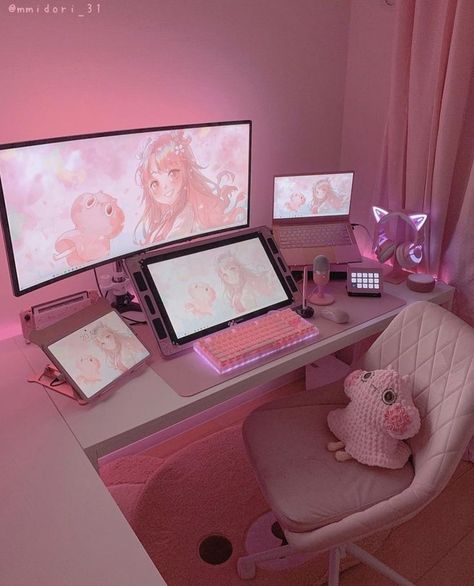 @mmidori_31 on ig Studio Seni, Aesthetic Gaming, Aesthetic Game, Room Gaming, Neon Lights Bedroom, Game Aesthetic, Gamer Setup, Otaku Room, Gamer Room Decor