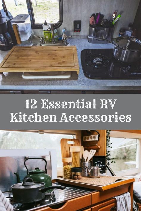 RV Kitchen Accessories Motorhome Kitchen, Rv Appliances, Motorhome Accessories, Camping Gear Checklist, Rv Holiday, Rv Campsite, Group Camping, Camper Kitchen, Camper Hacks