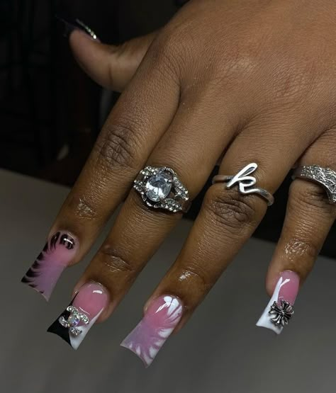 Rockstar Duck Nails, Classy Freestyle Nails, Blinged Out Duck Nails, Acrylic Nails Designs Unique, Nails Designs Unique, Black Duck Nails, Duck Flare Nails, Duck Nail Designs, Cute Duck Nails