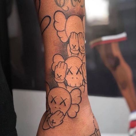 Kaws Tattoo, Arm Tattoos Black, Arm Tattoos For Guys Forearm, Half Sleeve Tattoos Forearm, Skull Hand Tattoo, Saved Tattoo, Pretty Hand Tattoos, Men Tattoos Arm Sleeve, Forarm Tattoos