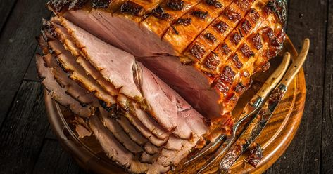 Baked Honey Glazed Ham Recipe | Traeger Wood Fired Grills Ham Traeger, Traeger Ham, Honey Glazed Ham Recipe, Cook A Ham, Honey Ham Glaze Recipe, Ham Glaze Brown Sugar, Fresh Ham, Traeger Grill Recipes, Whole Ham