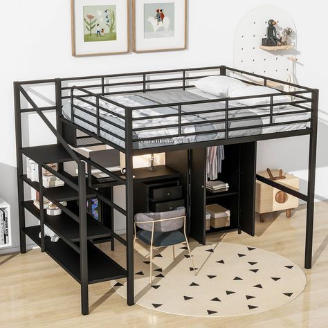 PRICES MAY VARY. ✔Study metal loft bed frame, 20 slats provide this loft bed with 250 lbs of support ✔This full loft bed is built with one comfortable sleeping space, The loft bed frame features a friendly space under the full bed - one built-in desk and a desk with drawers ✔A big wardrobe under the bed, with the clothes rod, you can hang up your clothes fully. And the 4-layers ladder can storage some dots. The table set can provide you a comfortable place to work or study. ✔Metal and MDF materi Bed With Table, High Loft Bed, Wardrobe Desk, Bed With Wardrobe, Metal Loft Bed, Loft Bed With Desk, Contemporary Loft, Loft Bed Frame, Bed With Desk