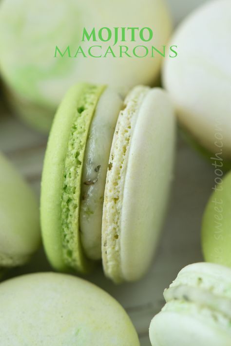 Macaron Shells 124 g confectioners sugar 140 g almond flour 108 g fresh egg whites (I don’t age mine) 110 g granulated sugar 1/4 tsp. cream of tartar assorted green gel food colors (I used a swirl of mint green, electric green, avocado green, and mojito green) In a food processor place the almond flour and confectioners sugar and run for 30 seconds. Stop and scrape down the sides so the mixture settles into the processor bowl. Repeat this 2 more times, then sift mixture through a strainer Mojito Macarons, Tooth Cake, Macaron Filling, Turnover Recipes, Mint Mojito, Macaron Recipe, Lemon Mint, I Love A, Fresh Lime Juice