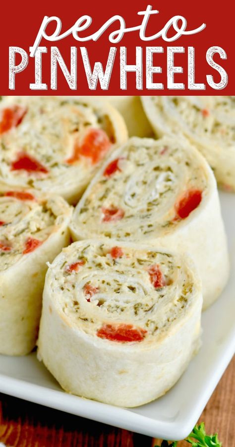 A closeup photo of the Pesto Cream Cheese Pinwheels on a white plate Pesto Pinwheels, Pesto Cream Cheese, Horderves Appetizers, Cream Cheese Pinwheels, Cheese Pinwheels, Pinwheel Appetizers, Pinwheel Recipes, Perfect Appetizers, Wrap Sandwiches