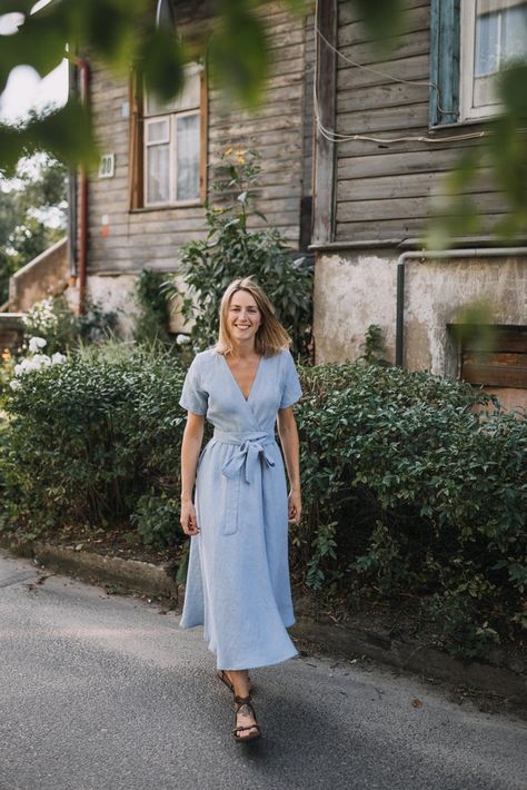 Blue Linen Dress, Dress Bridesmaids, Blue Wrap Dress, Wide Skirt, Dress Light Blue, Light Blue Dress, Blue Dress Women, Modest Bridesmaid Dresses, Mother Of The Bride Outfit