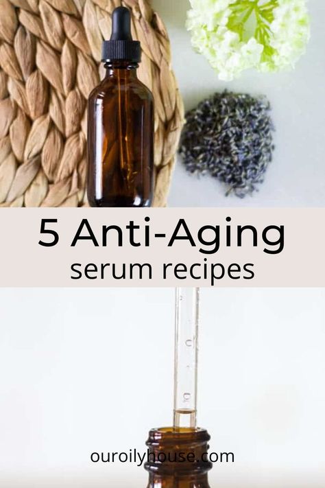 Learn how to make 5 anti-aging face serum recipes for all skin types. Simple to make face serum recipes that will leave your skin glowing and moisturized while reducing wrinkles and fine lines. Diy Botox Serum, Homemade Face Serum Recipes, Essential Oils For Skin Care Anti Aging, Castor Oil Face Serum Recipe, Diy Castor Oil Face Serum, Diy Face Oil Anti Aging, Herbs For Anti Aging, Skin Envy Essential Oil Recipe, Essential Oil Face Serum Recipe