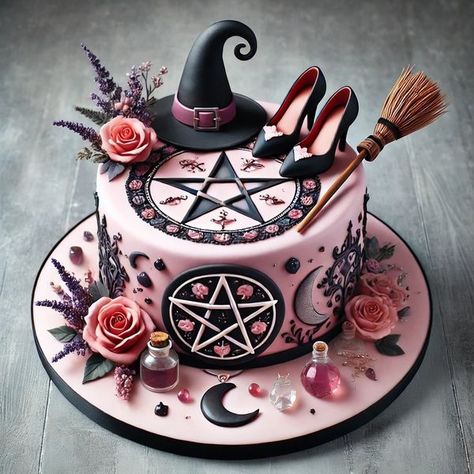 Wiccan Desserts, Witch Theme Cake, Witchy Cake Ideas, Witch Cake Birthdays, Halloween Birthday Cakes For Women, Goth Cake Birthday, Old Cake Design, Halloween Birthday Cakes For Adults, Pastel Goth Party