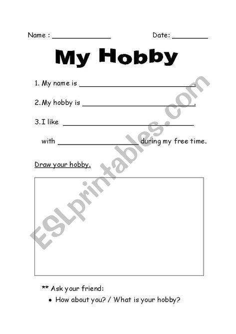 Hobbies Worksheet For Kids, My Hobby Worksheet, Teach Feelings, Printable Worksheets For Kids, English Curriculum, Esl Vocabulary, Kids Worksheets, Esl Lesson Plans, Worksheet For Kids