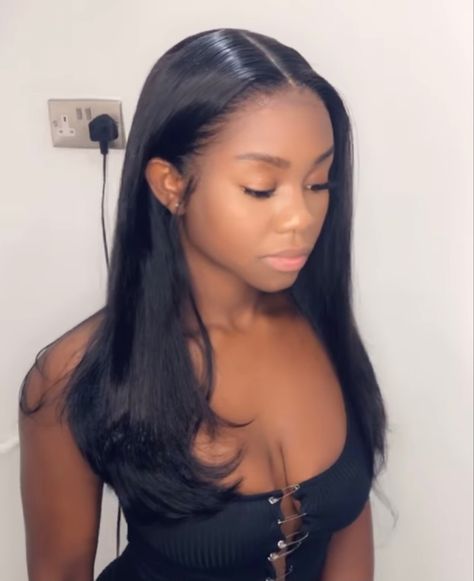 Sew In Medium Length Hair, See In With Leave Out, Middle Part Sew In With Leave Out, Leave Out, Sew In Straight Hair, Straight Middle Part, Middle Part Sew In, Pressed Natural Hair, Silk Press Natural Hair