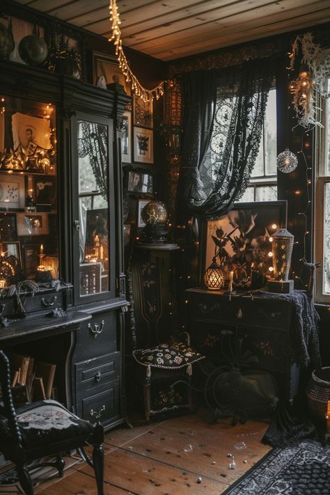 Whimsical Home Decor Ideas to Spark Your Imagination - Quiet Minimal Moody Dark Academia Decor, Home Gothic Decor, Dark Fantasy Home Decor, Witch Lair Aesthetic, Home Decor Whimsical, Magical Home Aesthetic, Whimsy Goth Interior Design, Dark English Cottage Interiors, Whimsicore Aesthetic