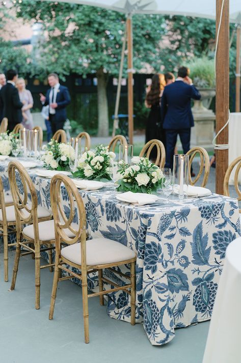 blue and white printed table linen | blue and white wedding reception | luxury wedding | linen rental | elegant wedding | outdoor reception | Stradley Davidson Linen: Hemingway Peacock Wedding Printed Tablecloth, Wedding Reception Table Cloth Ideas, Patterned Table Cloth Wedding, Pattern Table Cloth Wedding, Patterned Wedding Table Linens, Blue And White Tablescapes Wedding, Blue Table Linens Wedding, Wedding Table Linen Ideas, Blue And White Wedding Reception