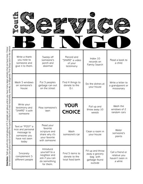 Youth Service Bingo Community Service Ideas, Mutual Activities, Kat Diy, Youth Group Activities, Church Youth Group, Activity Day Girls, Community Service Projects, Yw Activities, Student Ministry