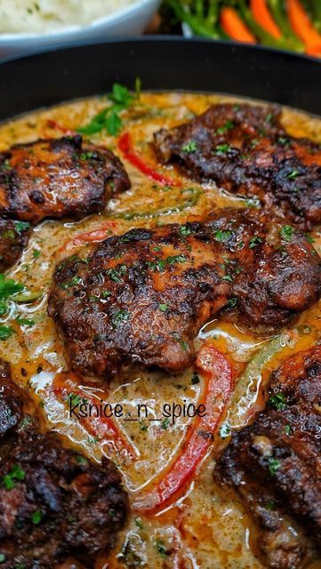 Kay on Instagram: "JERK CHICKEN IN A CREAMY COCONUT SAUCE, MASH POTATOES AND VEG🇯🇲🧨🔥💥❤️💯💃🏽😋. Juicy tender boneless Jerk chicken thigh fillets in the most irresistible creamy jerk coconut sauce. It's made up with a variety of bell peppers, creamy coconut sauce and Caribbean seasonings. Made with more traditional Jamaican ingredients. Perfect quick easy weeknight meal ready in 40 minutes. This is definitely MY NEW FAVE!! . . DM FOR MORE INFO TO GET MY DAILY RECIPES. . . #foodporn #food #f Jerk Chicken Sides, Creamy Coconut Sauce, Chicken Thigh Fillets, Jerk Recipe, Jamaican Chicken, Cream Sauce For Chicken, Mash Potatoes, Cream Sauce Recipes, Fried Chicken Breast