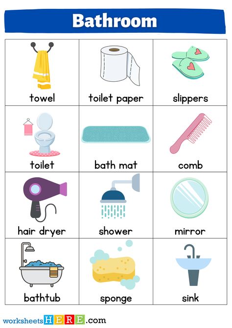 +20 Bathroom Objects Names with Pictures Flashcards PDF Worksheets For Students - WorksheetsHere.com Bathroom Vocabulary, Bathroom Objects, Electric Socket, Vegetable Bin, Words List, Kitchen Objects, Ottoman Chair, Kitchen Words, Cute Quotes For Him