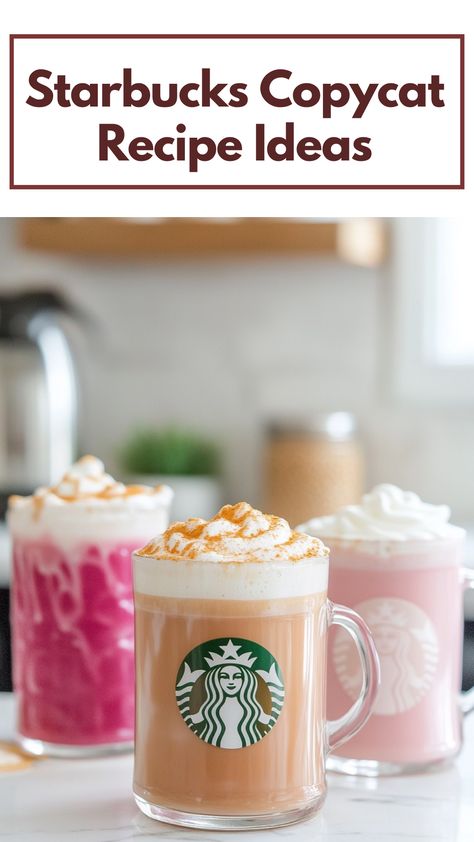 A selection of homemade Starbucks copycat drinks, including a Pumpkin Spice Latte and Pink Drink, arranged on a kitchen counter. Starbucks Psl Copycat Recipe, Homemade Starbucks Recipes, Starbucks Copycat Recipes, Homemade Starbucks, Copycat Starbucks Recipes, Pink Drink, Starbucks Copycat, Starbucks Recipes, Coffeehouse