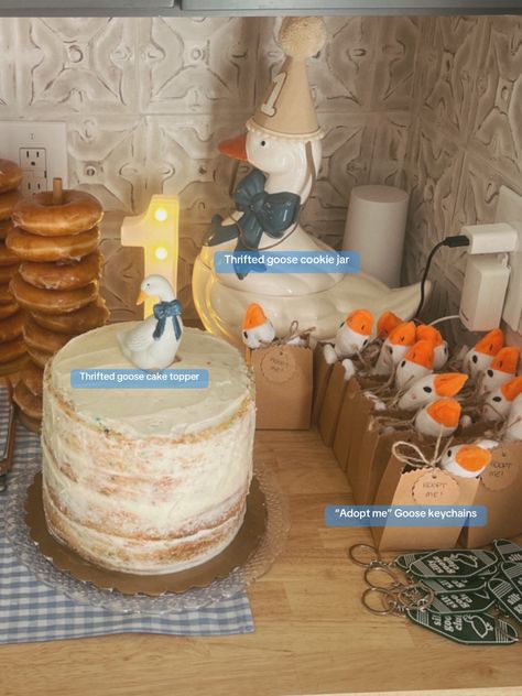 One Silly Goose themed Birthday party. Thrifted majority of the goose ... | TikTok Thrift Store Birthday Party Theme, One Silly Goose Birthday Party Food, One Silly Goose Birthday Party Boy, One Silly Goose Cookies, One Silly Goose Birthday Party Girl, One Silly Goose Birthday Cake, Goose Themed Birthday Party, This Chick Is One Birthday, One Silly Goose First Birthday