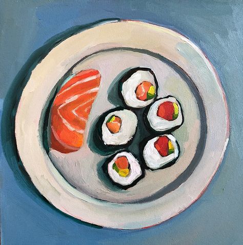 Plate Of Food Painting, Sushi Painting Acrylic, Food Painting Canvas, Food Gouache Painting, Sushi Art Drawing, Food Acrylic Painting, Food Painting Acrylic, Lunch Drawing, Sushi Painting