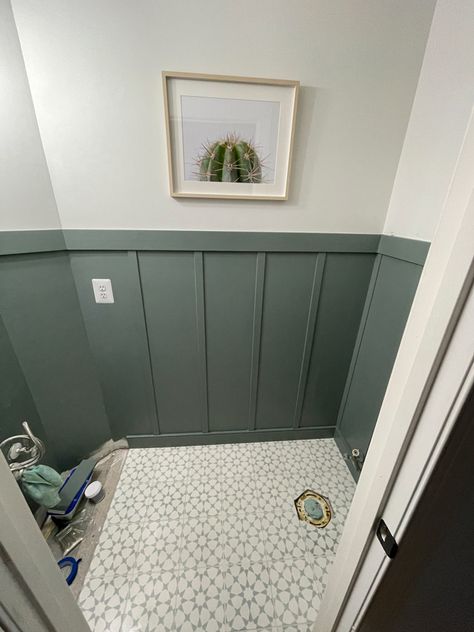 DIY Small Half Bathroom Makeover » Megan Leigh Acosta Bathroom With Shiplap Half Wall, Half Bath Waynes Coating, Small Bathroom Moulding, Small Bathroom Board And Batten Half Baths, Bathroom Half Wall Paneling, Half Bath Refresh, Small Half Bathroom Ideas No Window, Small Bathroom With Board And Batten, Shiplap Half Wall Bathroom