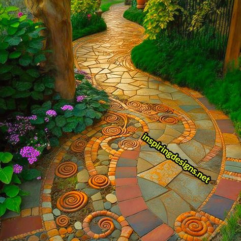 These Stunningly Creative Garden Walkways Turn Your Yard into a Gallery – Inspiring Designs Artistic Walkways, Whimsical Pathway, Pathway Design, Meandering Path Garden, Garden Walkways, Mosaic Walkway, Walkway Design, Outdoor Designs, Bates Motel