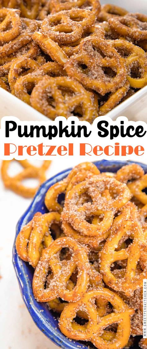 Pumpkin Snack Mix Recipes, Sweet Or Savory Snacks, Pumpkin Spice Pretzels Recipe, Thanksgiving Desserts Pretzels, Pumpkin Snacks For Party, Halloween Desserts Pretzels, Easy Fall Themed Snacks, Fall Treats Savory, Round Pretzel Treats