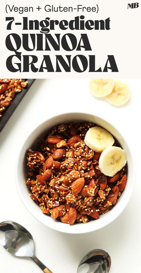 Crispy, crunchy, golden, and nutty homemade granola with 9 g protein/serving! Enjoy it with your favorite yogurt & fruit for a simple breakfast or snack! Quinoa Snack Recipes, Quinoa Granola Recipe, Quinoa Crunch, Quinoa Snacks, Quinoa Cereal, Quinoa Recipes Breakfast, Quinoa Granola, Quinoa Breakfast Bowl, Packed Breakfast