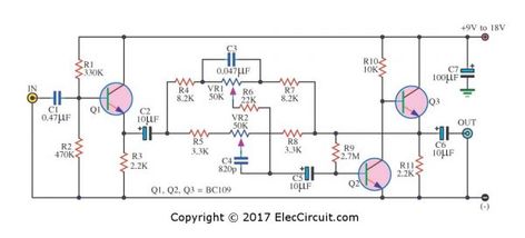 This is Bass treble tone control circuit diagram as ideas, we have two circuits both transistors ,ICs-op amp as main, so smaller, but high gain signal. Bass Treble Circuit Diagram, Tone Control Circuit Diagram, Electronic Ideas, First Transistor, Diy Amplifier, Electronic Circuit Design, Simple Circuit, Electronics Basics, Electronic Schematics