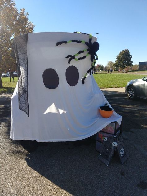 Tow Mater Trunk Or Treat, Ghost Trunk Or Treat Ideas For Cars, Ghost Theme Trunk Or Treat, Trunk Or Treat Ghost Theme, Truck Or Trunk Ideas, Simple Trunk Or Treat Ideas For Suv, Ghost Trunk Or Treat Ideas, Trunk Or Treat Ghost, Ghost Trunk Or Treat