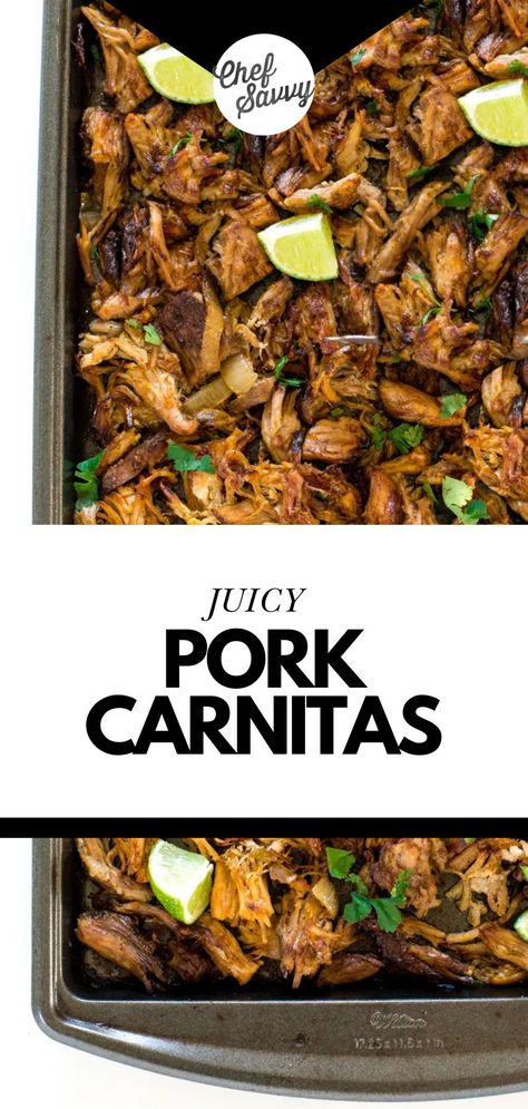 Save this recipe for the Best Easy Slow Cooker Mexican Pork Carnitas. Slow Cooker Pork Carnitas are cooked low and slow for 8 hours until fall-apart tender. Then they get broiled in the oven until perfectly crispy on the outside! They are amazing in tacos, burritos, salads, and quesadillas. Follow Chef Savvy for more easy Mexican Recipes! Slow Cooker Pork Mexican, How To Make Carnitas Mexican Recipes, Mexican Pork Crockpot, Pork Carnitas Marinade, Pork Tacos Mexican, Carnitas Oven, Carnitas Slow Cooker, Carnitas Recipes, Mexican Pork Carnitas