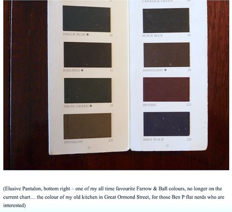 Ben Pentreath - Farrow & Ball color card - Pantalon Farrow And Ball Pantalon, Pantalon Farrow And Ball, Colors To Brighten A Room, Benjamin Moore Super White, Interior Design Bloggers, Dark Green Bathrooms, Kendall Charcoal, Hague Blue, Home Furnishing Stores