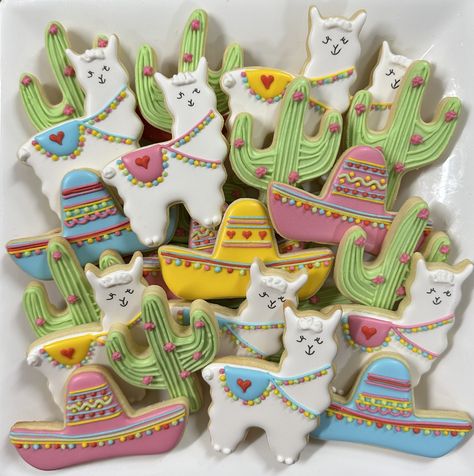 Mexican Theme Cookies, Decorated Cookies, Royal Icing Cookies, Llama Cookies, Cactus Cookies, Sombrero Cookies, Fiesta Cookies Fiesta Cookies Decorated, Mexican Theme Cookies, Fiesta Cookies, Mexican Cookies, Cookies Royal Icing, Theme Cookies, Sugar Cookie Icing, Mexican Theme, Fiesta Birthday