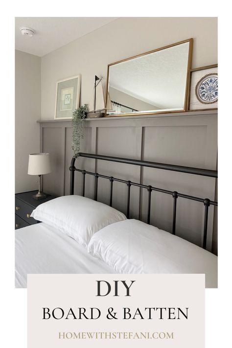 Bedroom Accent Wall Metal Bed, Board And Barren Bedroom, Board And Batten Wall Bedroom With Picture Ledge, Board And Batten With Ledge Bedroom, Half Wall Accent Ideas Bedroom, Accent Wall Main Bedroom, Board And Batten On A Budget, Board And Batten Height Bedroom, Board And Batten Wall Ledge