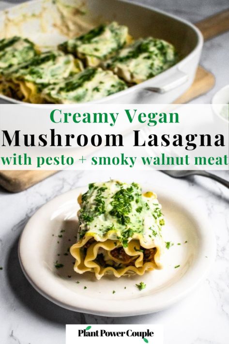 Vegan Creamy Mushroom Lasagna Roll Ups with sauteed mushrooms, pesto, smoky walnut meat, and a creamy dairy free garlic sauce Dairy Free White Sauce, Walnut Sausage, Creamy Vegan Pesto, Roasted Garlic Sauce, Walnut Meat, Pesto Lasagna, White Lasagna, Dairy Free Pesto, Mushroom Lasagna