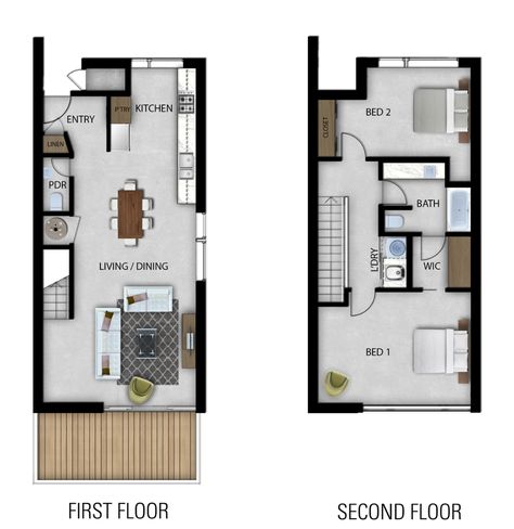 2 Story Tiny House, Apartment Blueprints, 2 Bedroom Apartment Floor Plan, South Facing Windows, Bed Deck, House Plans 2 Story, Condo Floor Plans, 2 Bedroom Floor Plans, Urban Housing