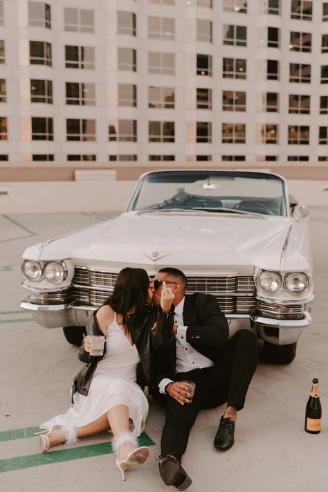 Wedding Photos In Vintage Car, Wedding Photo Classic Car, Classic Car Elopement, Vintage Car Wedding Photoshoot, Classic Car Engagement Photoshoot, Engagement Photos Leather Jacket, Lowrider Wedding Ideas, Engagement Shoot Car, Cheeky Wedding Photos