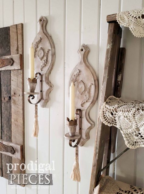 Pair of Farmhouse Chic Candle Sconces by Larissa of Prodigal Pieces | prodigalpieces.com #prodigalpieces #homedecor #diy #farmhouse #rusticchic Wall Scones Decor Ideas, Wooden Candle Sconces, Vintage Candle Sconces, Dining Sconces, Farmhouse Wall Sconces, Diy Candle Sticks, Chic Candles, Kitchen Banquette, Upcycled Furniture Diy