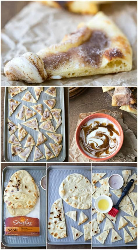 Cinnamon Roll Dip with Cinnamon Sugar Naan Chips is an easy dessert recipe that's ready in just 10 minutes! Dessert Naan Bread, Naan Bread Dessert Recipes, Dips That Go With Naan Bread, Naan Chips, Dessert Quesadilla, Cinnamon Roll Filling, Cinnamon Sugar Bread, Recipes With Naan Bread, Fun Dessert