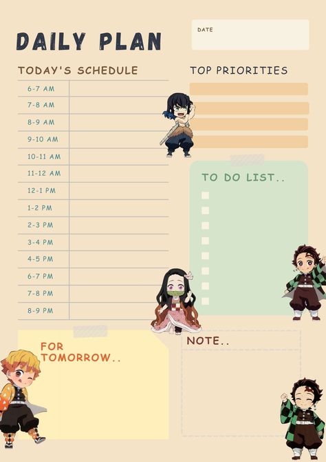 Hi slayers! want to be productive with this team? Execute your day with a plan! Timetable Ideas Daily Schedules, Anime Daily Planner, Billionaire Thoughts, Anime Planner, Organizer Printables, Study Planner Printable Free, Anime Schedule, Study Well, Aesthetic Planner