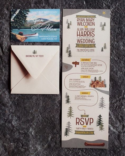 The couple's stationery suite, designed entirely by Alan, hinted to the Adirondack camp-themed weekend guests would partake in. The muted greens, browns, and mustard yellow were all inspired by the woodsy surroundings. The save-the-date began with a vintage postcard of Whiteface Mountain, which Alan then added text, including a small paragraph on the back written in the classic description format often found on old postcards. It mentioned geographical facts, the Olympic games that took place... Save The Weekend Wedding Invitations, Save The Weekend Wedding, Camp Theme Wedding, Save The Weekend, Small Paragraph, Camping Wedding Invitations, Adirondack Camp, Theme Wedding Invitations, Masculine Wedding