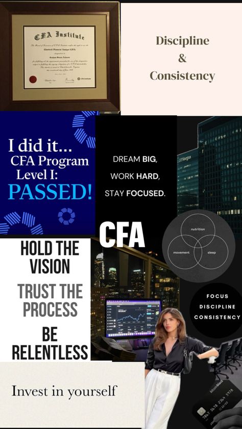 First attempt basic vision board to start the prep for exam #cfa #cfaexam #aesthetic #visionboard Cfa Study Aesthetic, Cfa Level 1 Vision Board, Certifications Aesthetic, Cfa Level 1 Aesthetic, Career Goals Vision Board, Cfa Aesthetic, Investment Banker Aesthetic, Vision Board Pictures Career, Accounting Quotes Inspiration