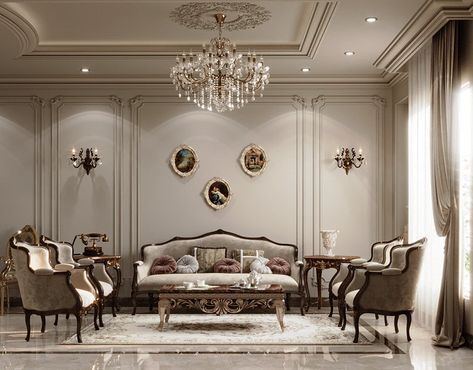 New Classic Villa Interior Design, Neoclassical Interior Design Living Room, Classic Salon Furniture, Neo Classic Interior Design Luxury, Neoclassical Interior Living Rooms, Classic Reception Interior, New Classic Salon, New Classical Interior, Salon New Classic